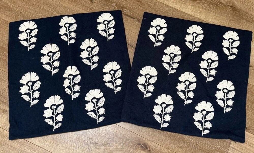 2-Everhome, Pristine Navy Blue, Cream Embroid. Flowers, 20 X 20 Pillow Cover